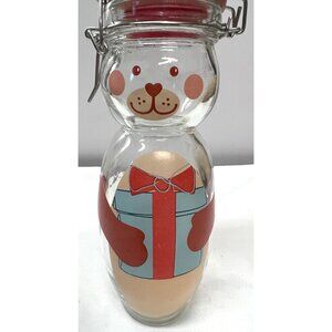 Vintage Bear-Shaped Glass Jar With Red Lid & Metal Clamp Closure For Kitchen Sto
